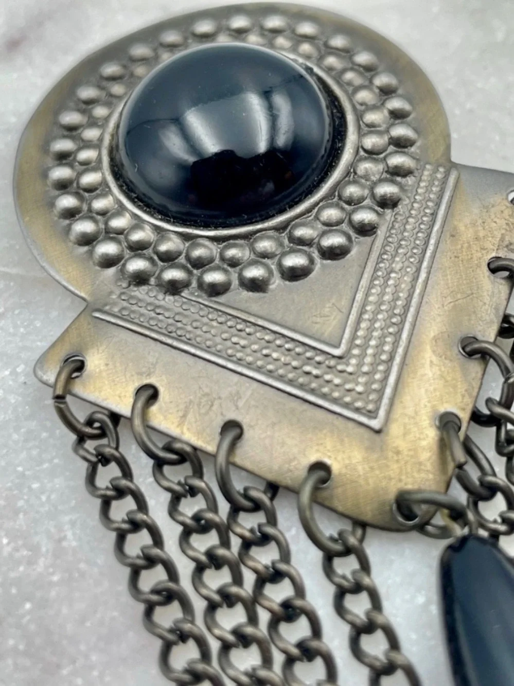 Vintage 80s Art Deco Revival Black Cabochon Antiqued Silver Chain Fringe Brooch